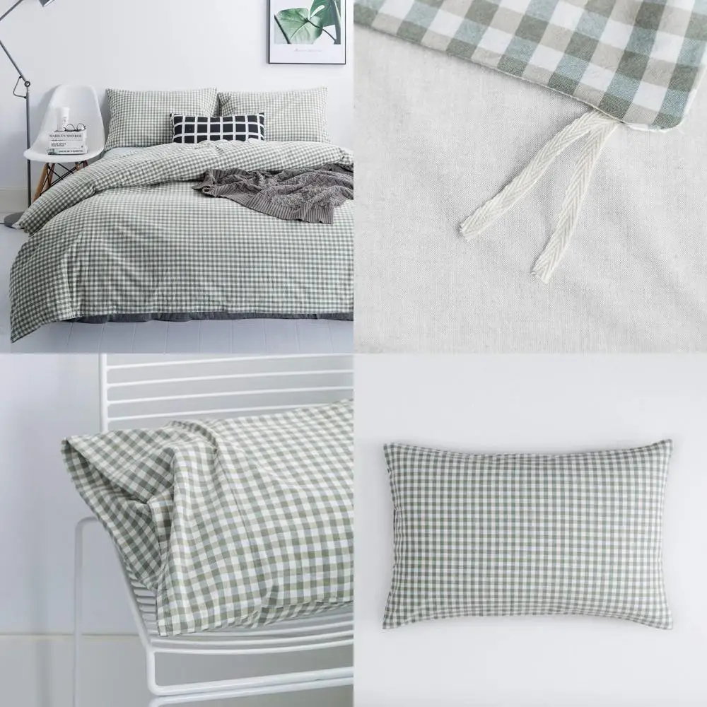 

Green Gingham Duvet Cover Queen 100% Washed Cotton Plaid Duvet Cover Set 3 Pieces 1 Green Grid Duvet Cover with Zipper Ties 2 Pi