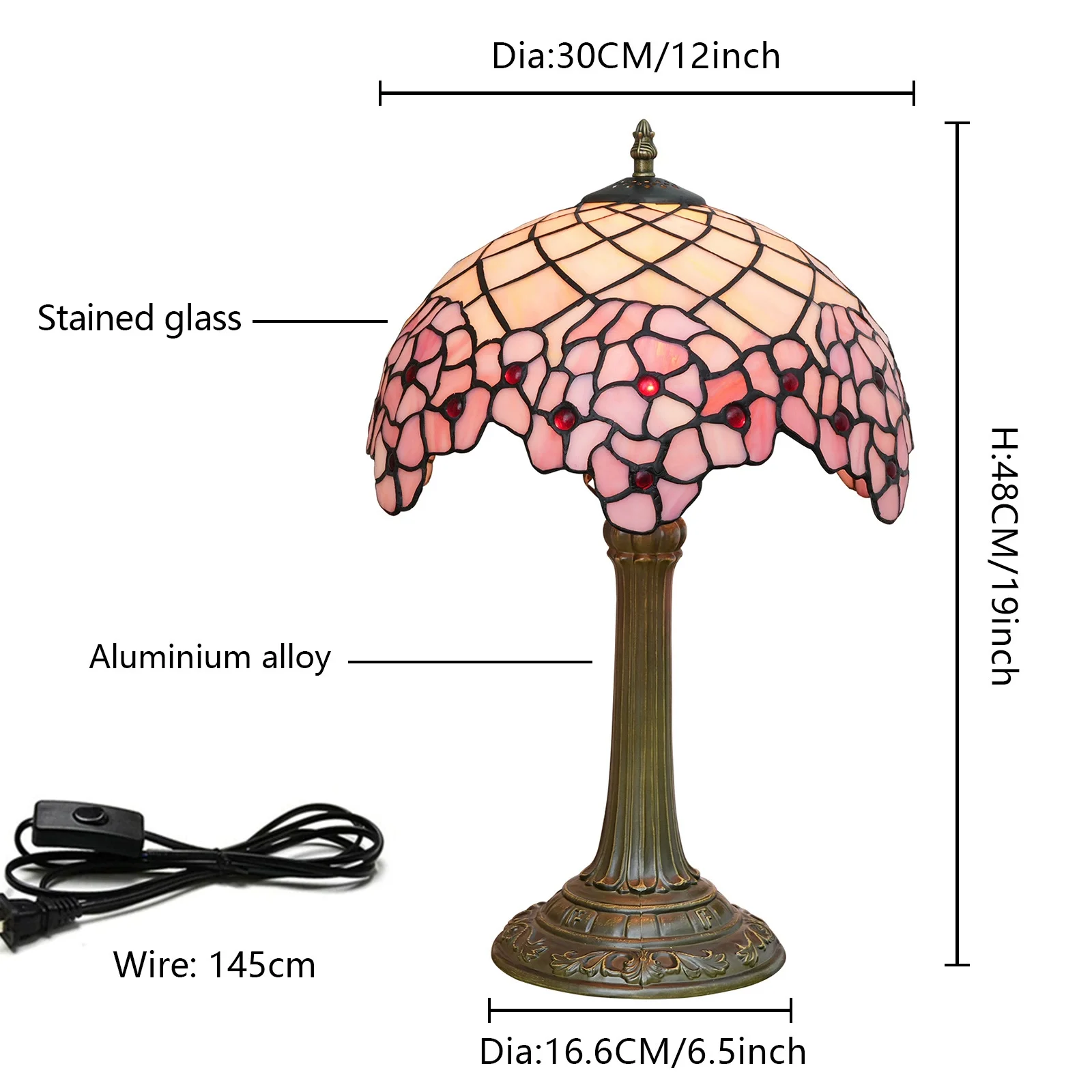 12inch 30cm Tiffany Table Lamp Stained Glass Pink Cherry Blossom Decorative Lampshade Living Room Bar Bedroom Bedside Desk Lamp