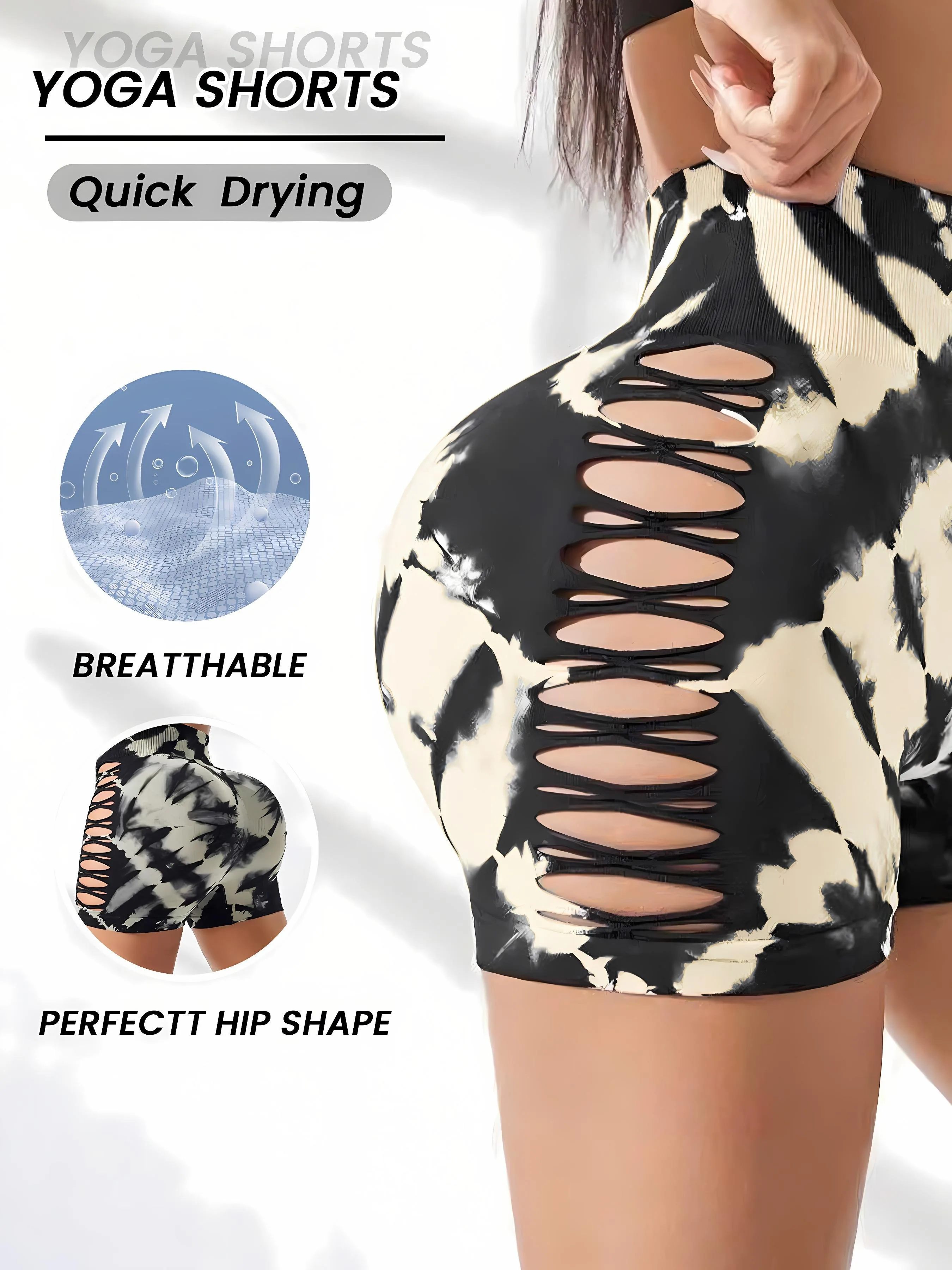 Women's Tie-Dye High-Waisted Yoga Shorts - Mid-Thigh, Side Cutouts, Butt-Lifting, Tummy-Control, Mesh Breathable for Fitness