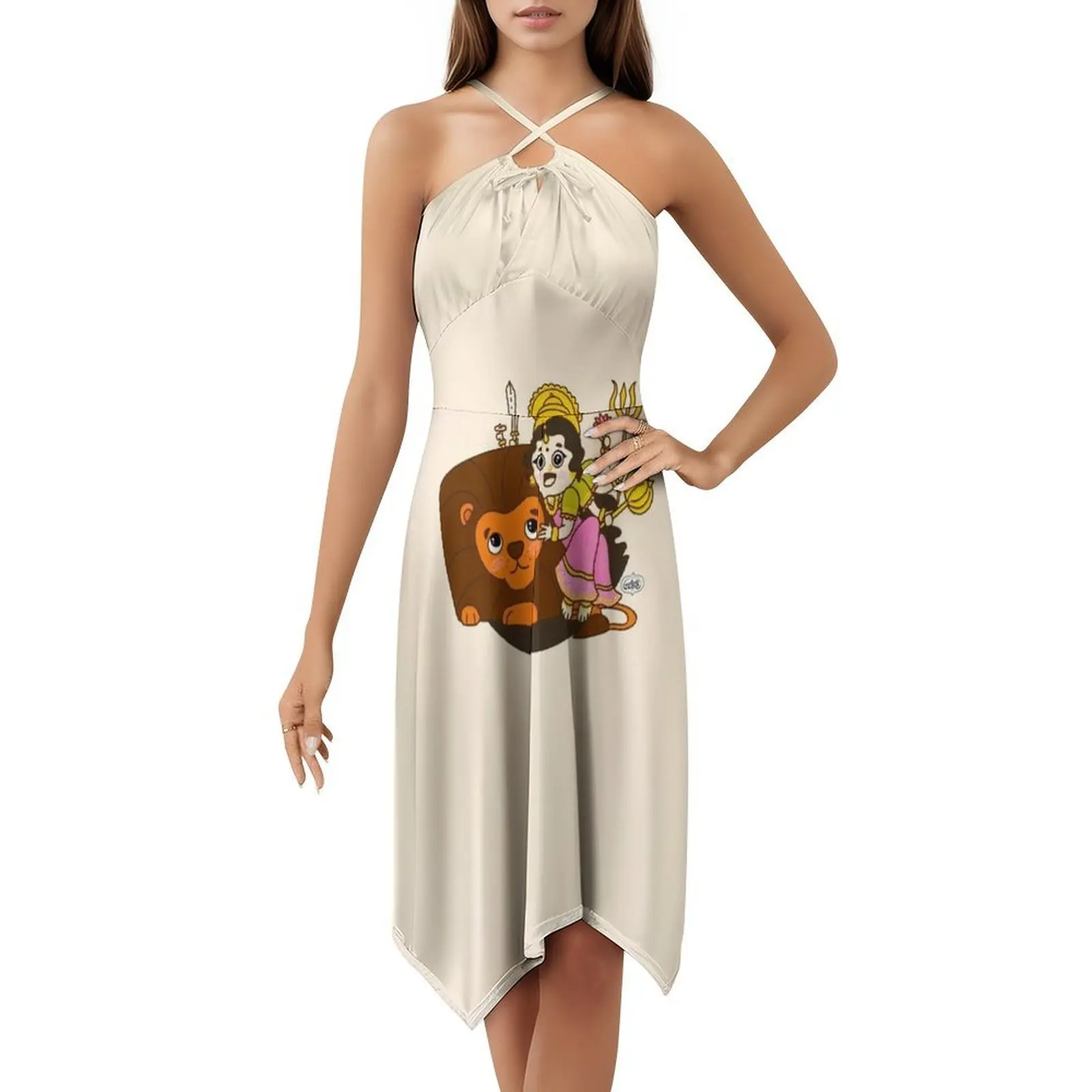 آلهة دورانجا مع الأسد الهندوسية-الآلهة الهندية البوهيمية بلا أكمام فستان متعدد الطباعة عطلة الشاطئ فستان الحفلات الآلهة الهندوسية #5