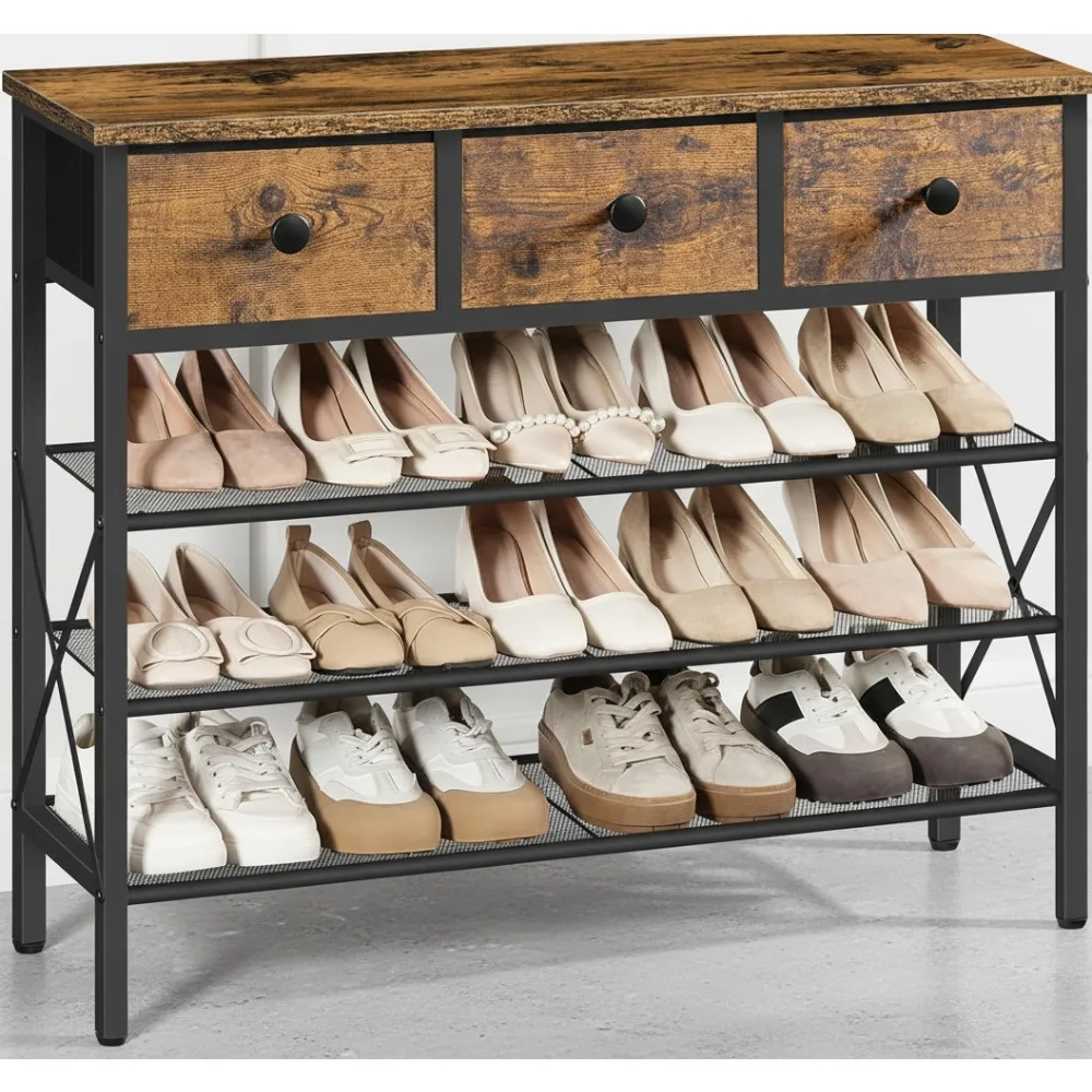 

4-Tier Shoe Rack with 3 Drawers, Metal Organizer for 15 Pairs, Wooden Top Entryway Storage