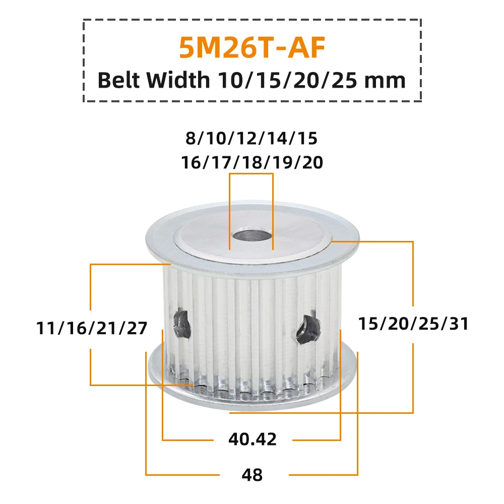 5M Type 26T Alloy Aluminum Pulley  Inner Bore 8-20 mm 26Teeth 5mm Pitch 11/16/21/26 mm width AF HTD5M Synchronous Pulley 5M26T