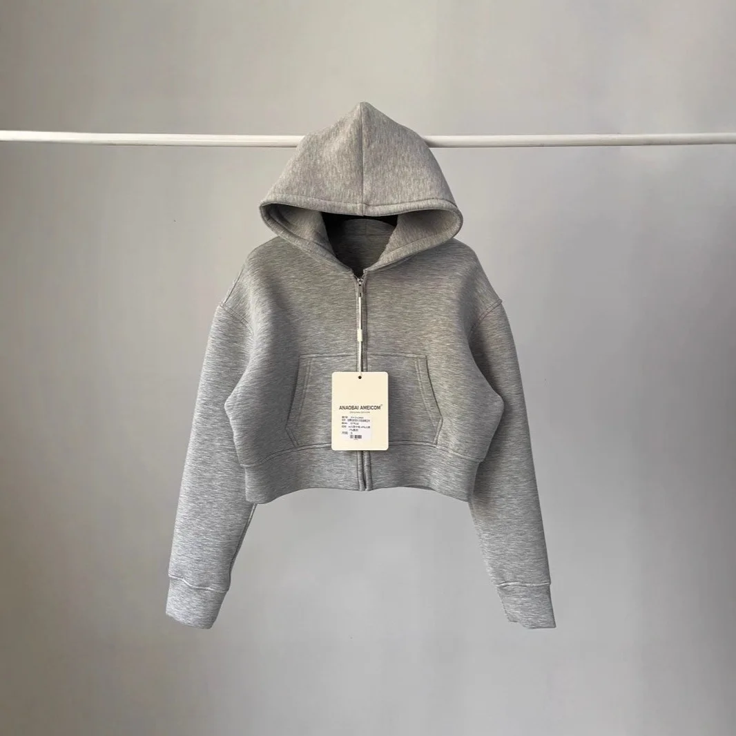 Spring and Autumn casual crop top, fashionable solid color, air layer material, loose hooded zipper pocket sweatshirt for women