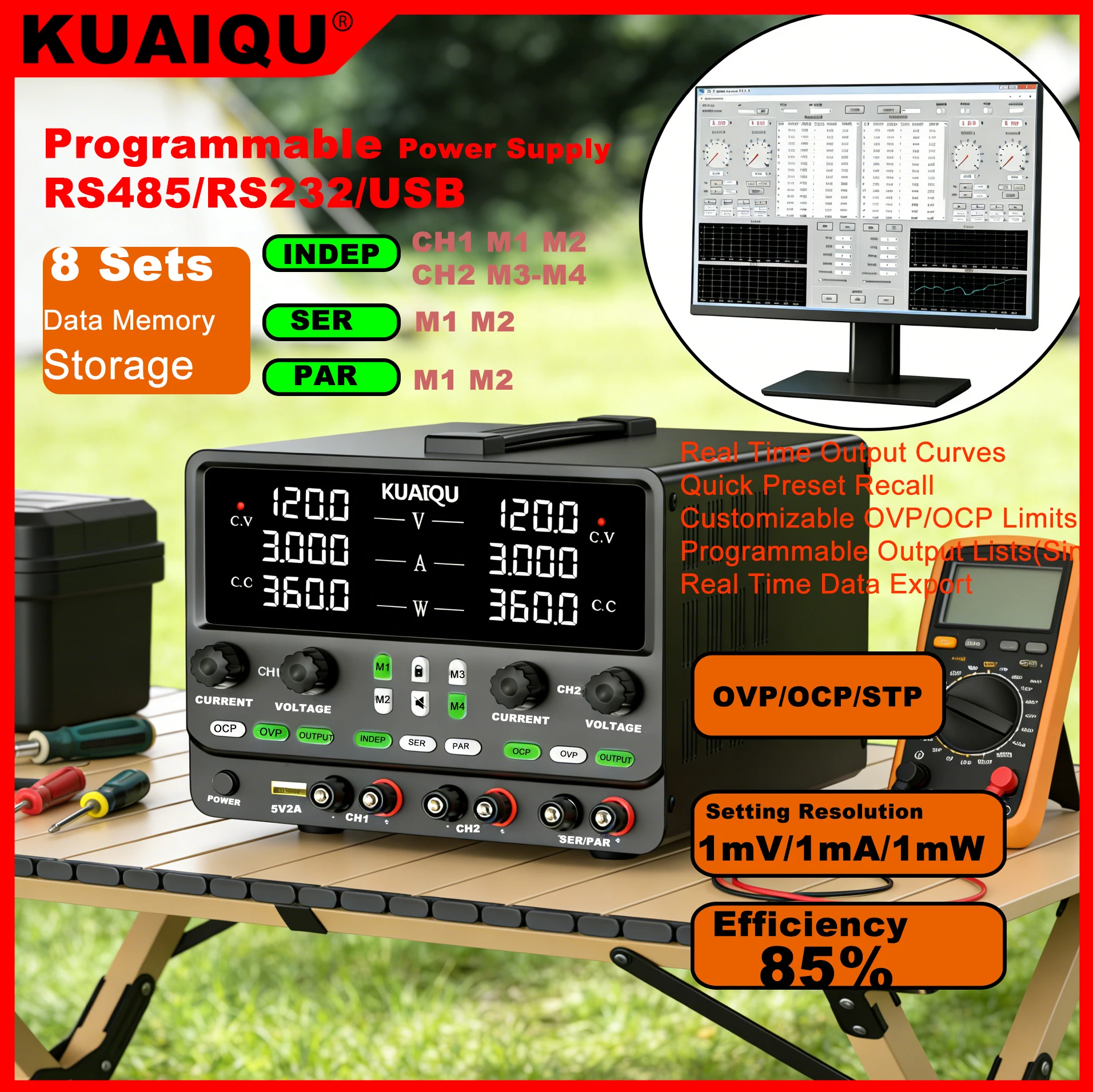 Image of KUAIQU Duale Stromversorgung Programmierbarer RS232 RS485 USB-Support für Seriell- und Parallelschaltung 30V 10A 60V 5A 120V 3A Labor-Stromversorgung