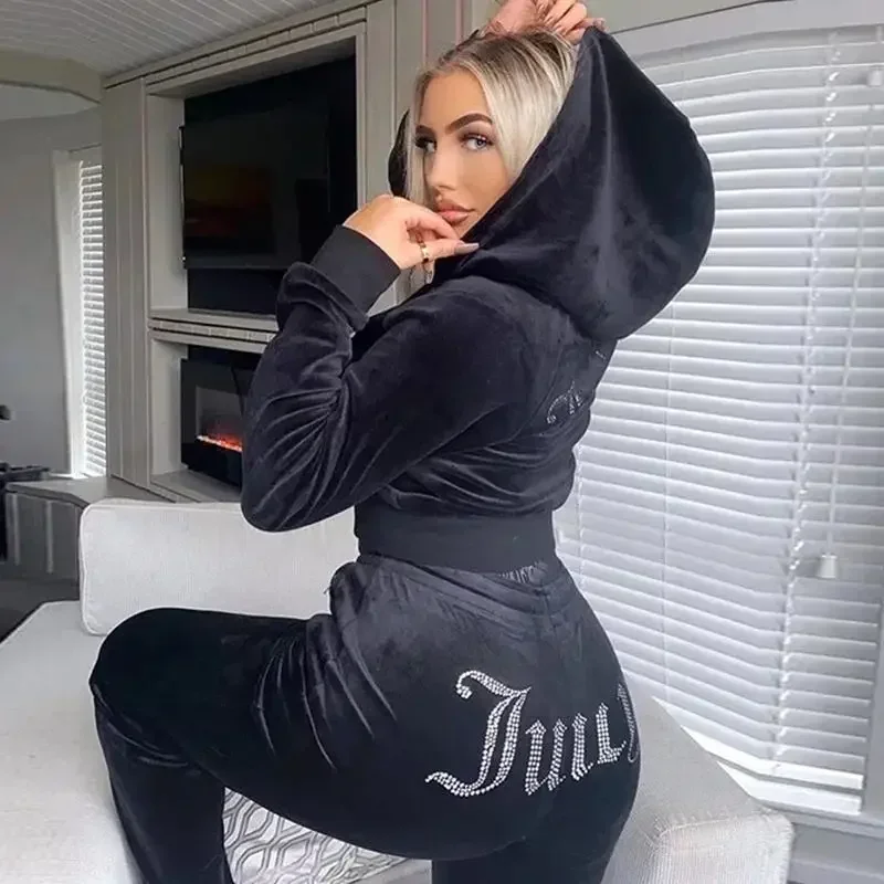 Winter Juicy Coutoure Tracksuit Women Velvet Diamond Long Sleeve Pants Hoodie Suits 2023 2 Piece Set Zipper Tracksuit Crop Top