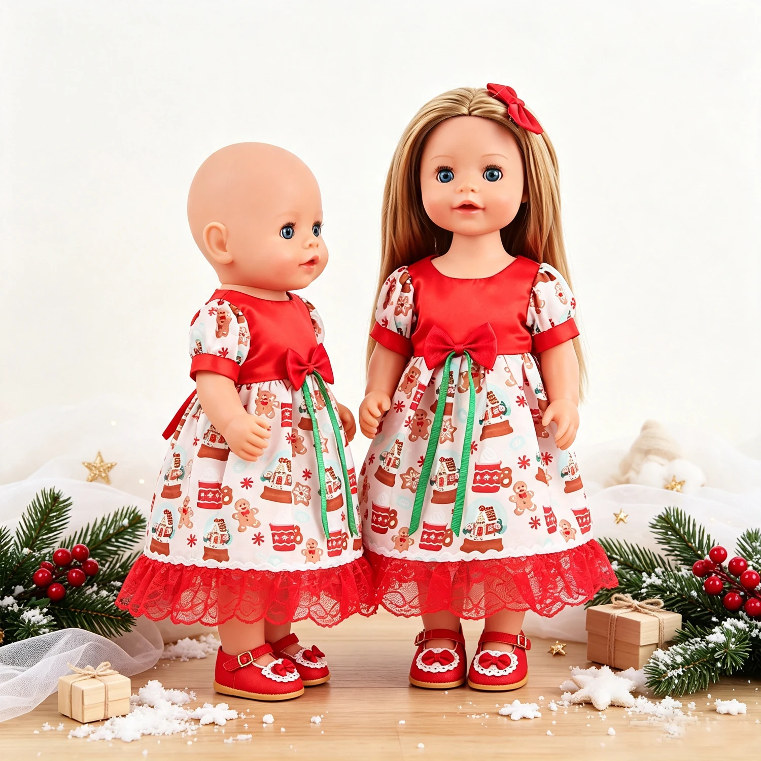 Cute Christmas Doll Clothes Gingerbread Man Lace Dress + Red Bow Shoes Outfit For 18