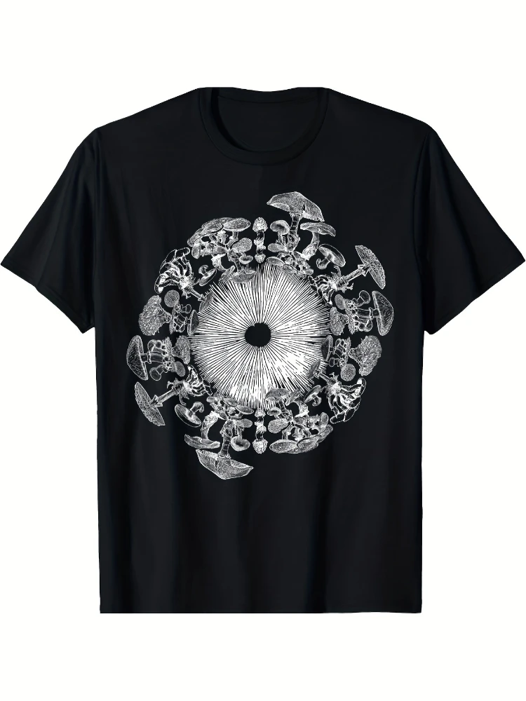 

Retro Mushroom Spore Mycology Foraging Design with Detailed Fungi Species ('s Mane, Oyster, Morel)-100% printed men's T-shirt.