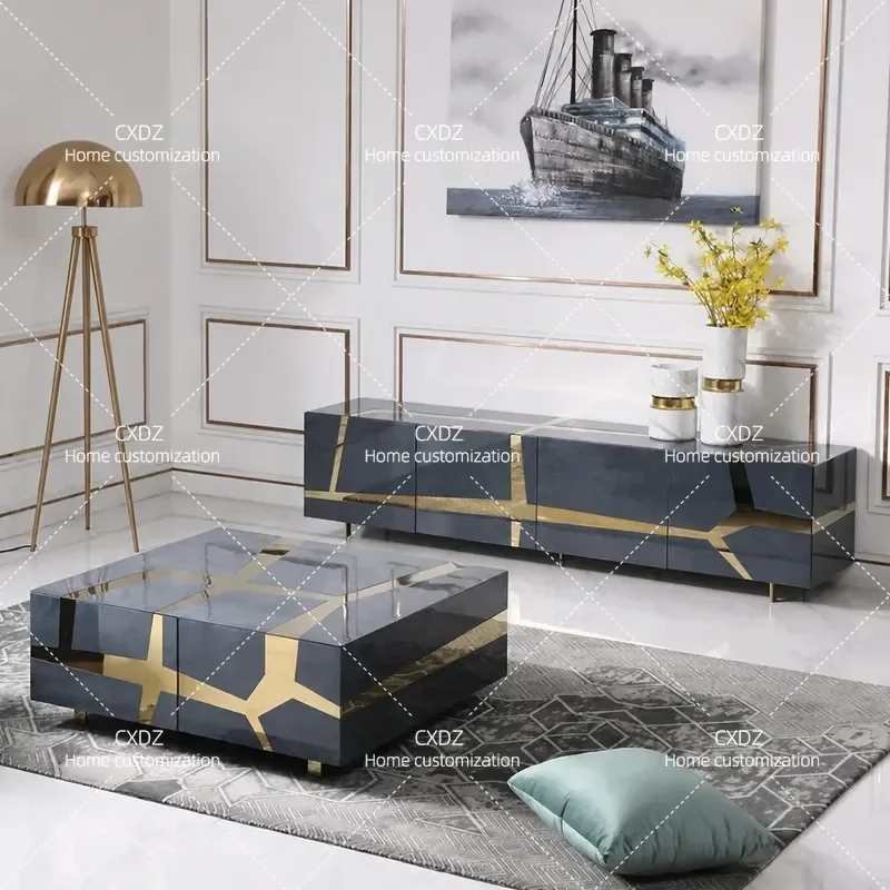 Post Modern Solid Wood TV Cabinet and Coffee Table Set Simple Living Room Floor Storage Unit Audio Visual Console Furniture