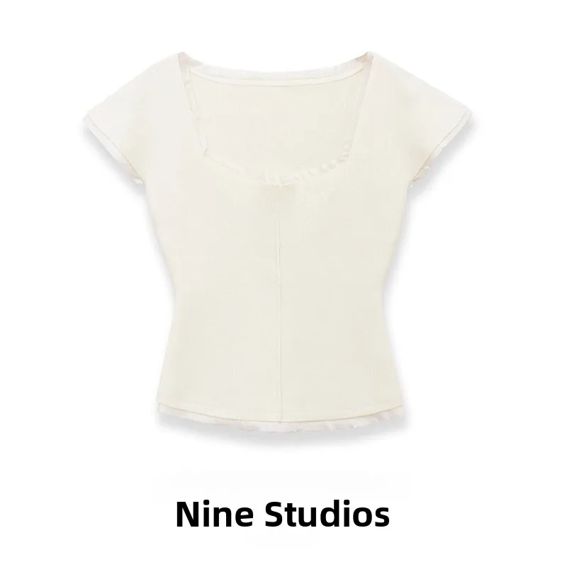 

Модная женская укороченная трикотажная футболка с квадратным вырезом и коротким рукавом, облегающая, из полиэстера, в европейском стиле, весна...