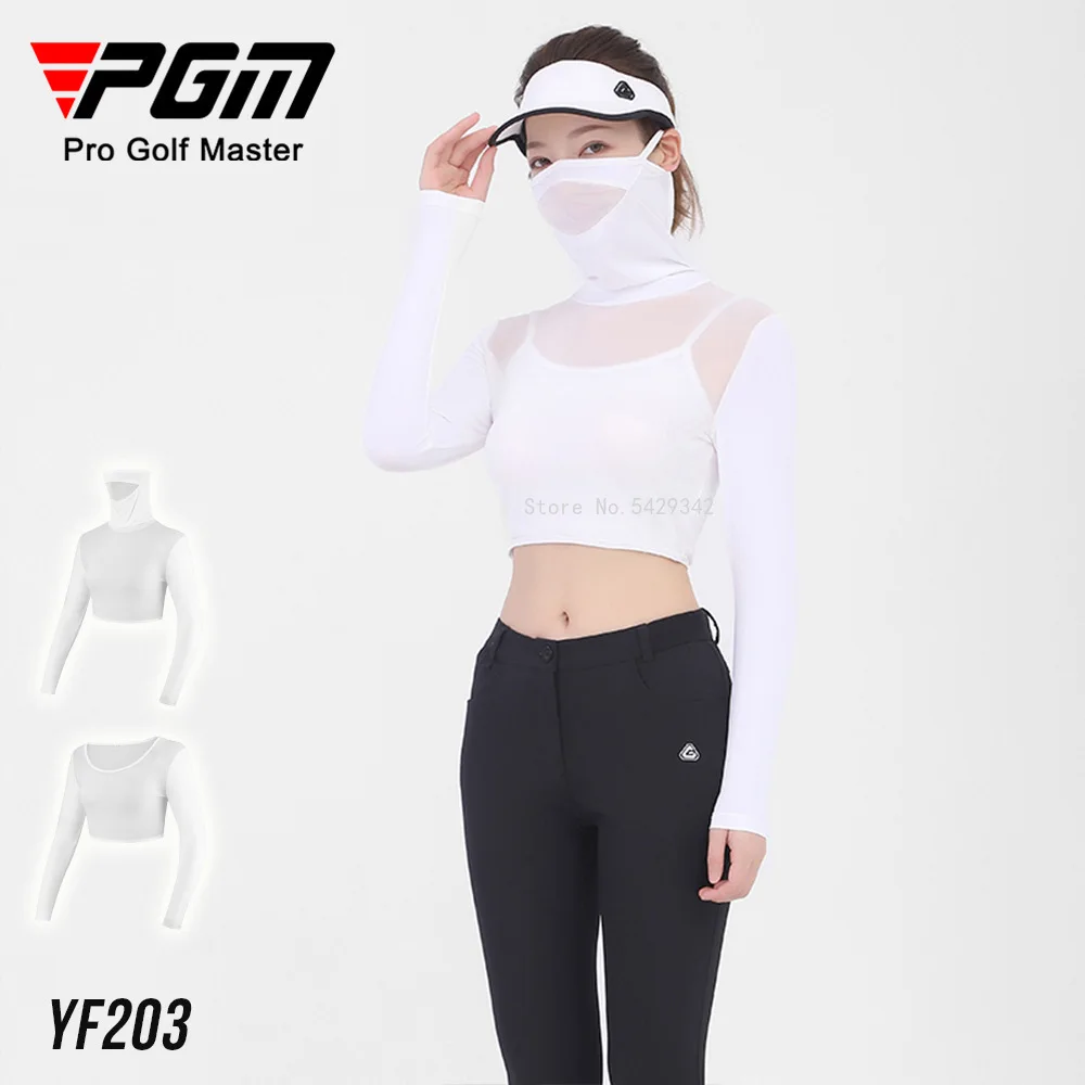 Pgm Womens Ice Silk Cool Shirts Half-Length Long Sleeve Cropped Tops Summer Sunscreen Golf Underwear With Mask Anti-UV UPF40+