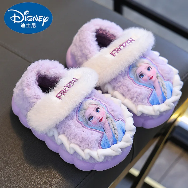 Disney-Zapatillas de algodón para niña, pantuflas de invierno para niña, princesa Elsa, Frozen, fondo grueso de terciopelo cálido, algodón para