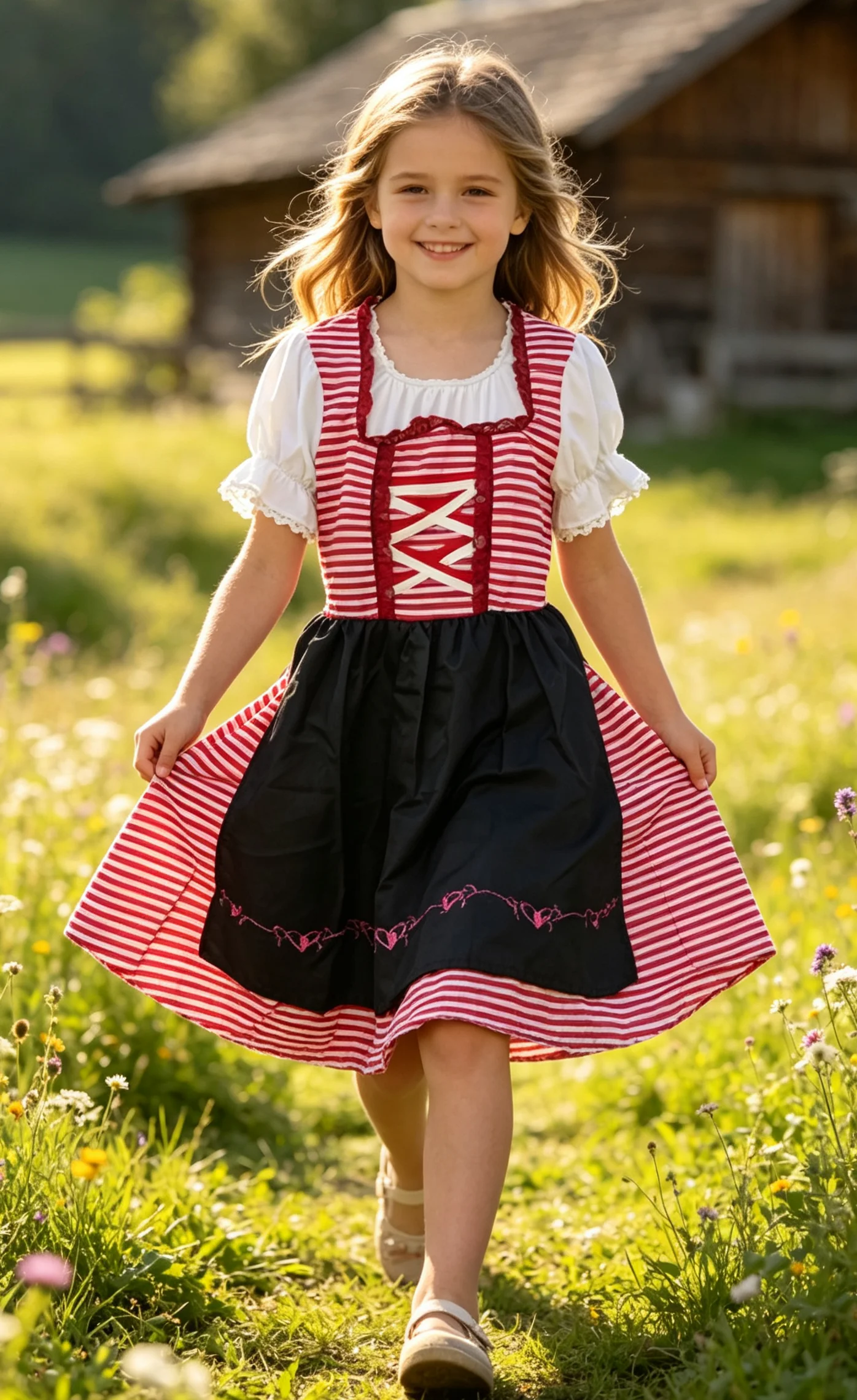 Kids Oktoberfest Dirndl Dress, Girls Traditional Bavarian Costume with Embroidery