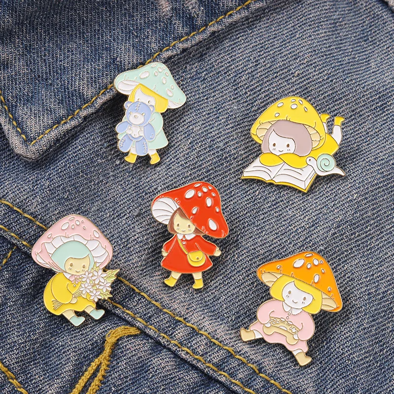 Beautiful Girl Mushroom Brooch Fantasy Little Girl Hero Mushroom Shape Couple Brooch Mushroom Lapel Pin Cartoon Mushroom Brooch