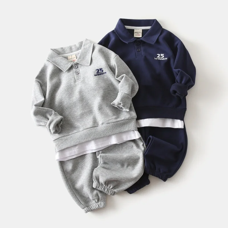 

Baby Boys V-Neck Tops Fake Two Piece Sweatshirt and Pants Set Kids Casual Tracksuit Outfit