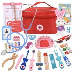New Doctor Toys For Children Set Kids Wooden Pretend Play Kit Games For Girls Boys Red Medical Dentist Medicine Box Cloth Gifts