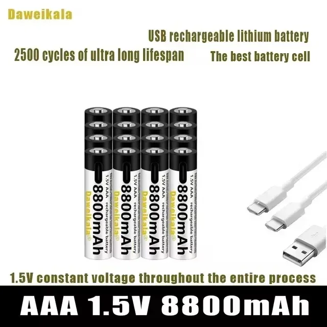 2024 New USB-C 1.5V AAA Battery Fast charging Li-ion Battery 8800mAh for Remote Control Mouse Electric Toy Battery +Type-C Cable