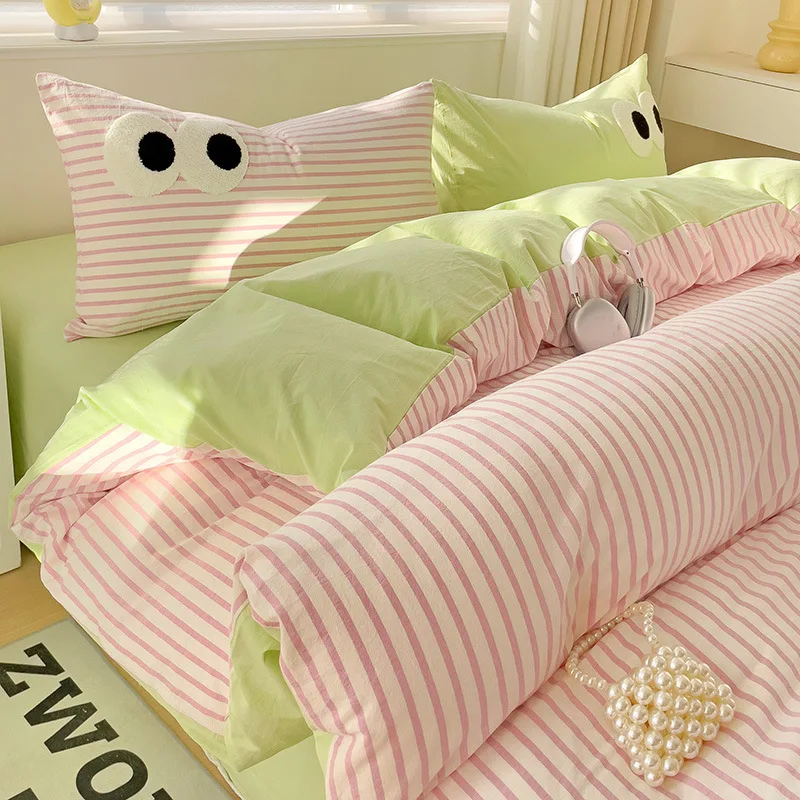 Fresh cream style striped minimalist embroidered big eye four-piece bed quilt cover fitted sheet dormitory three-piece