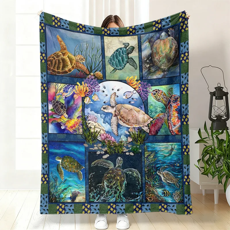Cartoon Hawaiian Style Colored Turtle Blanket 2D Print Wearable Blanket for Family and Friends Bed Sofa and Travel Camping Cozy