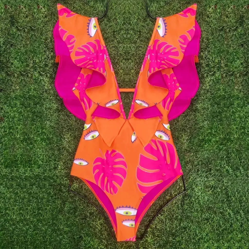 One Piece Swimsuit 2021 Sexy Eyes print Swimwear Women Shoulder Ruffle Bathing Suit Beachwear V-Neck Swimsuit Swim