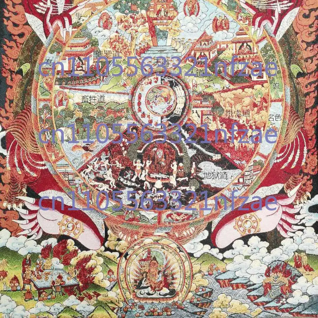 Obraz Thangka z tybetajskiej tkaniny jedwabnej, 91 cm, przedstawiający 6-stopniową drabinkę życia, Rulai, buddyzm, Tangka.