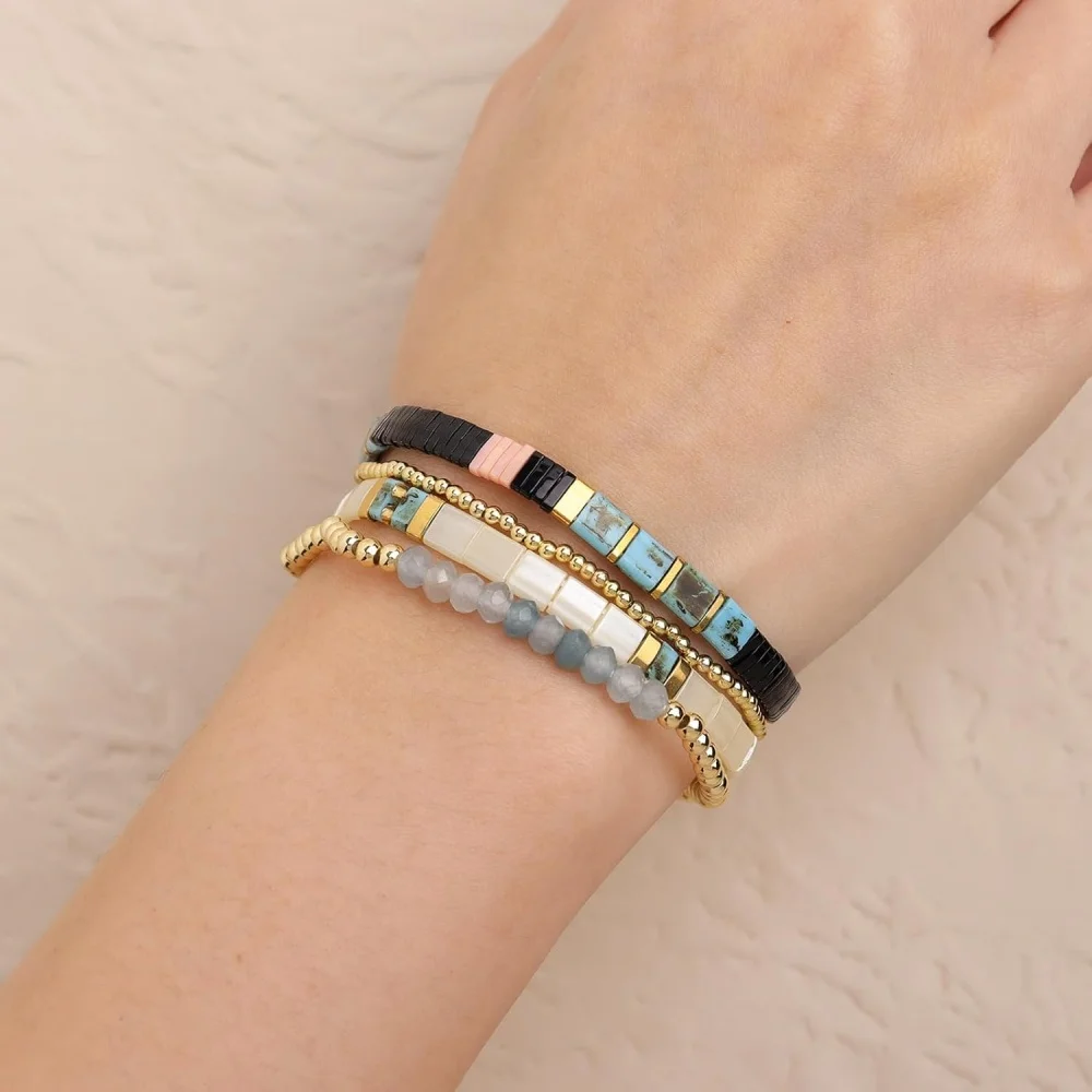 

4PCS Boho Glass Beaded Bracelets for Women, Gold Plated Copper Friendship Jewelry, Stackable Summer Beach Gift Accessories