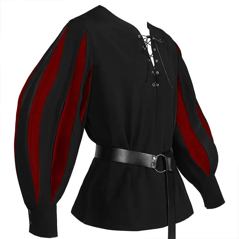qq34Medieval Prince Shirt for Men Vintage Pirate Shirts Striped Sleeve Cosplay Costume Tops