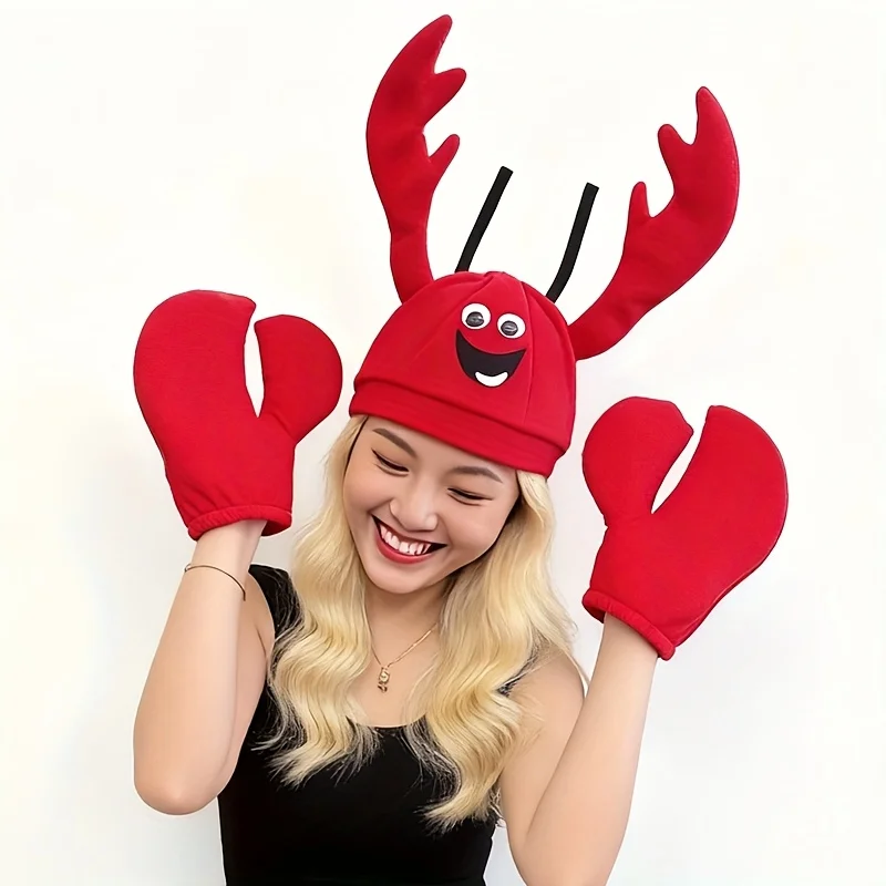 2PCS/SET Red Fabric Halloween Crab Hat Lobster Hat Cartoon Sea Animal Headwear Party Funny Performance Hat Set For Kids Adults