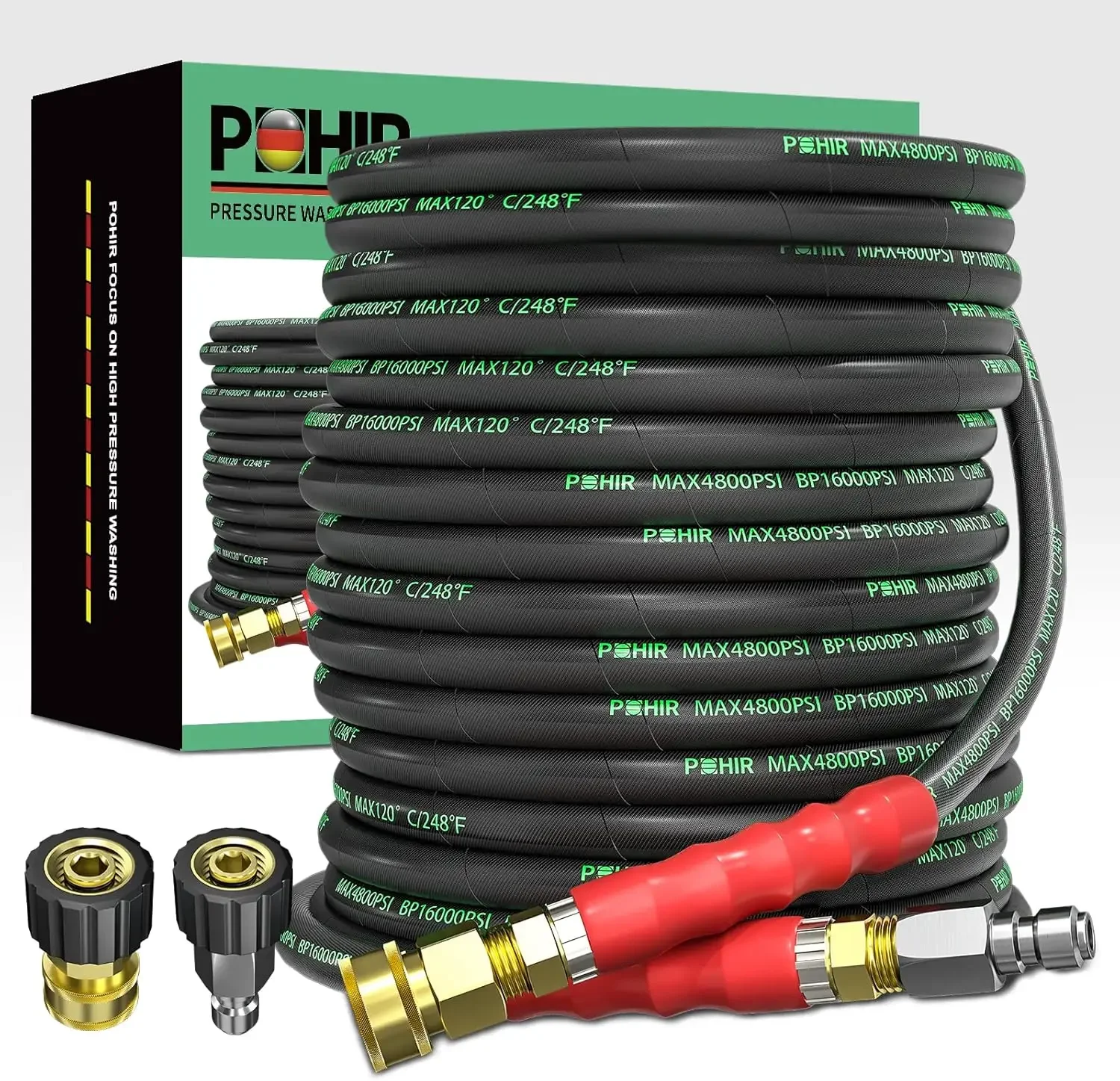 Pressure Washer Hose 70 FT×3/8 Inch 4800psi for Cold and Hot Water Max 248°F With 3/8 Inch Quick Connect Kink Resistant High Ten