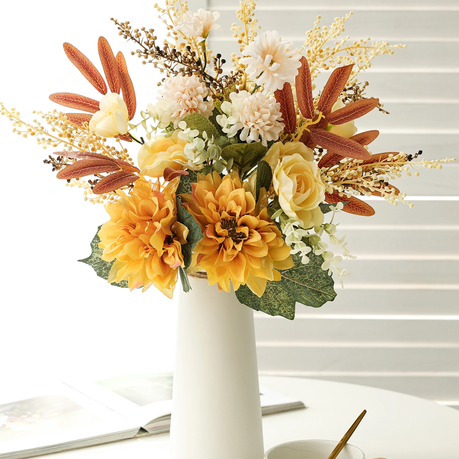 Künstliche Blumen, Seiden-Dahlie, Kamelie, Kugel-Chrysanthemen, für Zuhause, Zimmer, Tisch, Hochzeitskranz, künstliche Pflanzen, Vasen-Dekoration, Garten, DIY-Geschenke – Detail 1