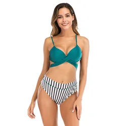 Bikini 2024 Sexy Swimwear Strój kąpielowy Kobiety Push Up Striped Leaves Print Cross Straps Bowknot Backless High Waist Beach Bikini Set