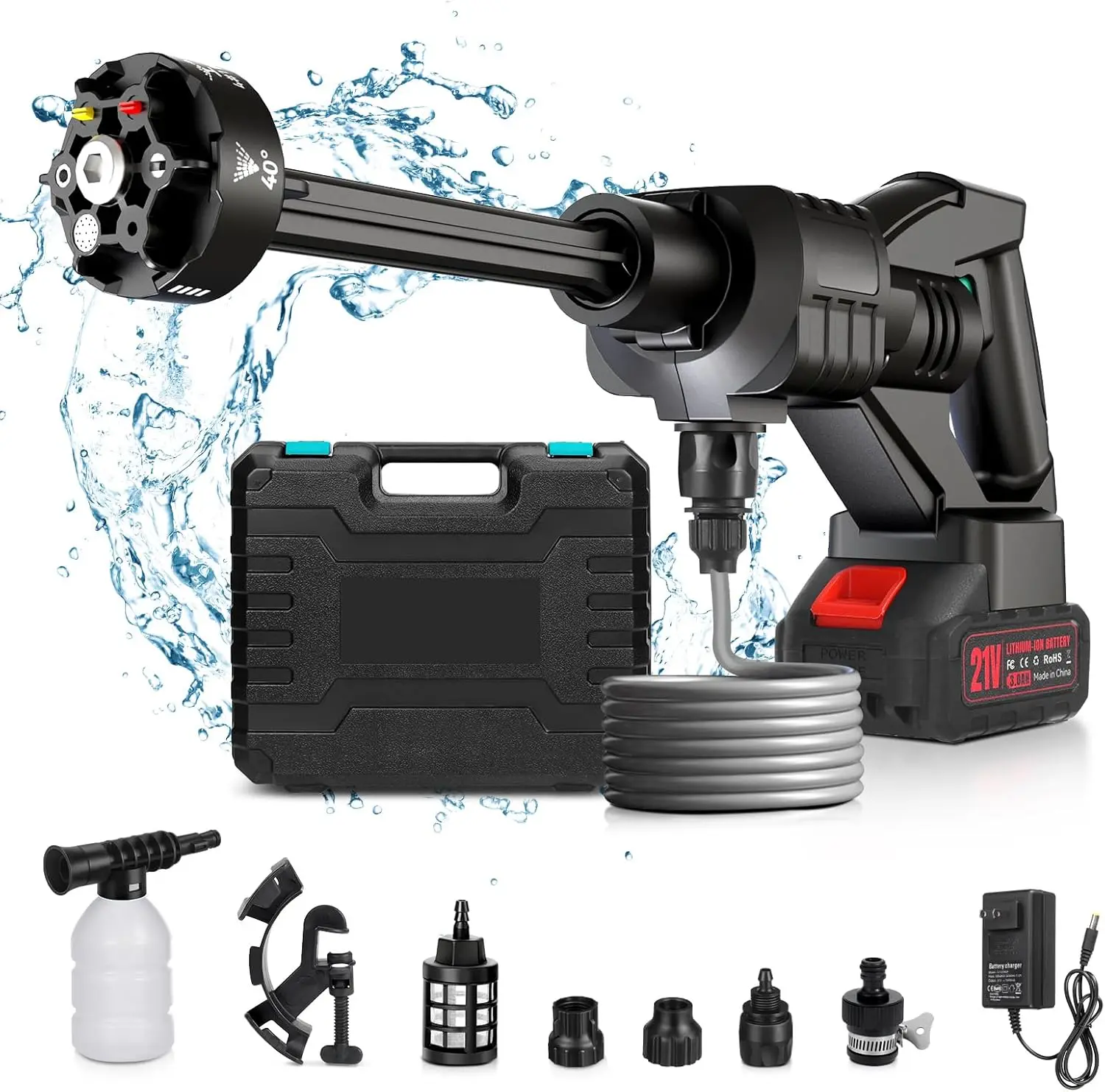 Cordless Pressure Washer 800 PSI, 6-in-1 Nozzle, 1.5 GPM, 16.4ft Hose, Portable Car & Outdoor Cleaner
