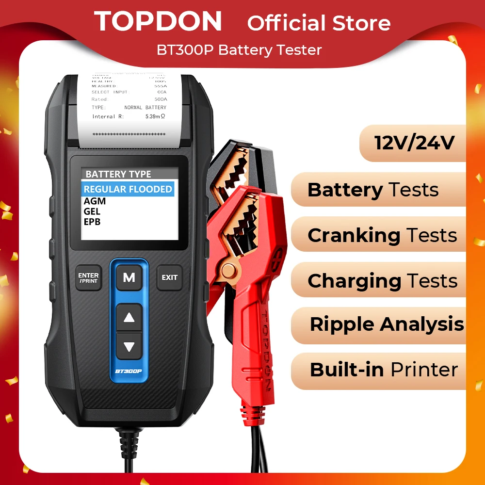 TOPDON BT300P Car Battery Tester with Printer 12V Digital Charging Cranking Test Tools for Vehicle Auto Analyzer 100-2000CCA