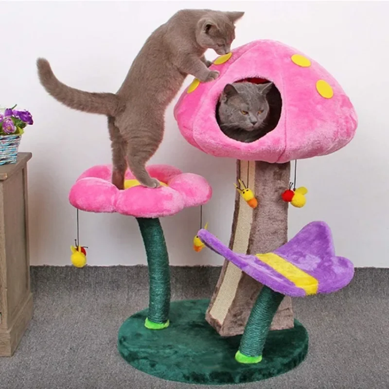 Pet Frame Scratching Post Tower, Mushroom Flower, Plush, Fluffy Climbing Tree, Pet Club, The Material Is Not Harmful to Cats