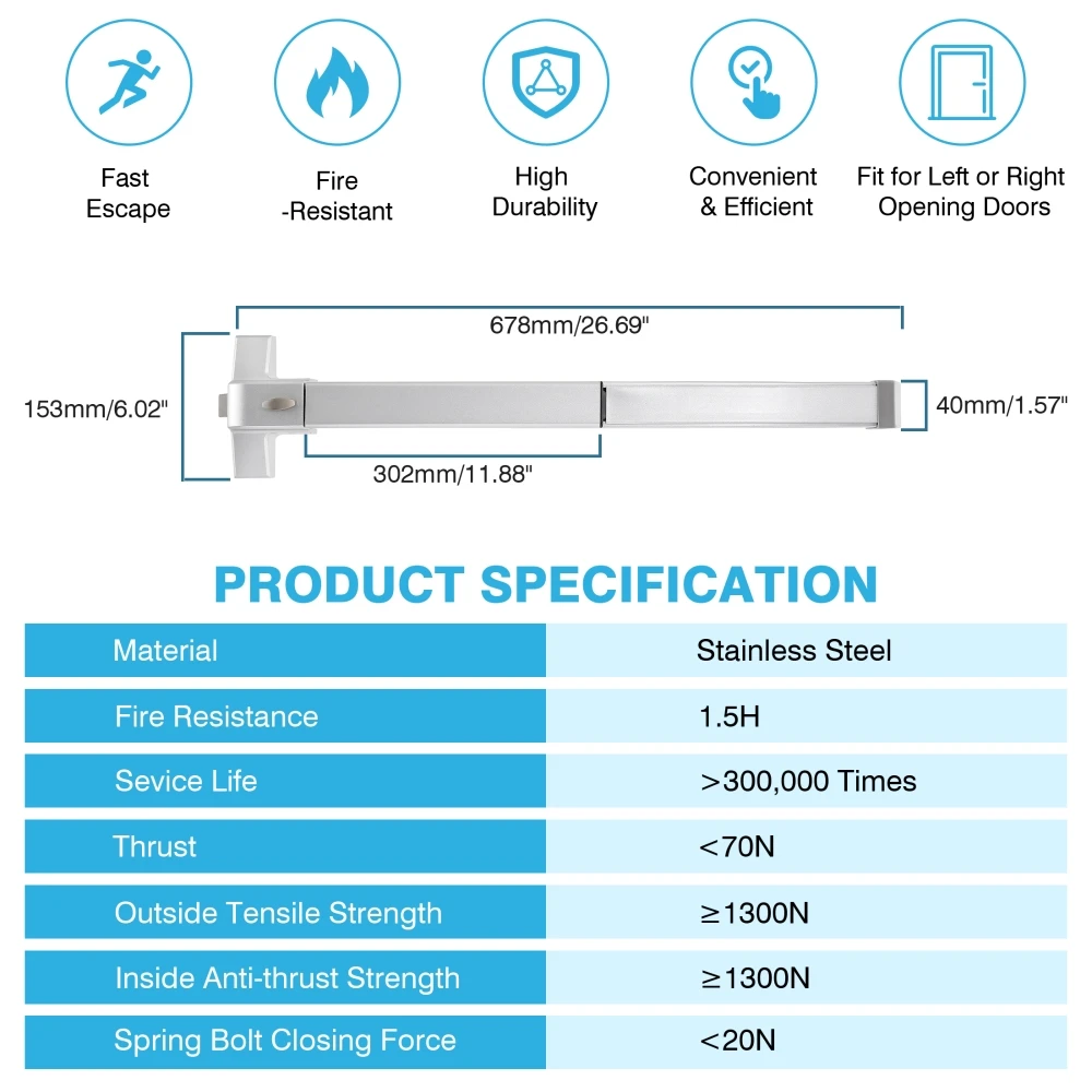 Panic Exit Device Door Push Bar Rod Emergency Fireproof Exit Bar for Doors Width 70-104cm Easy Installation