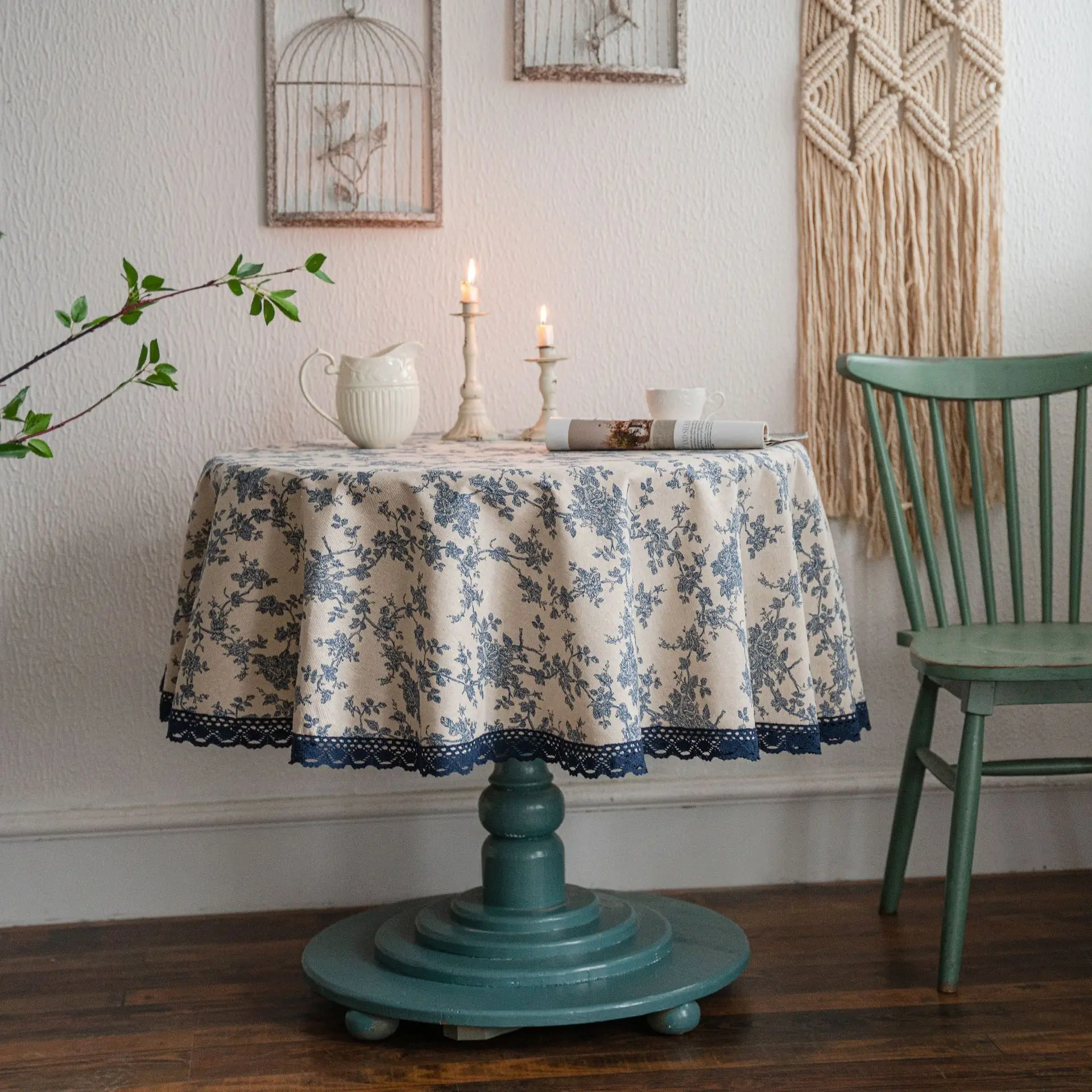 Blue Rose Printed Tablecloth Cotton Linen Round Vintage Style Small Table Cover INS Trendy Home Decor