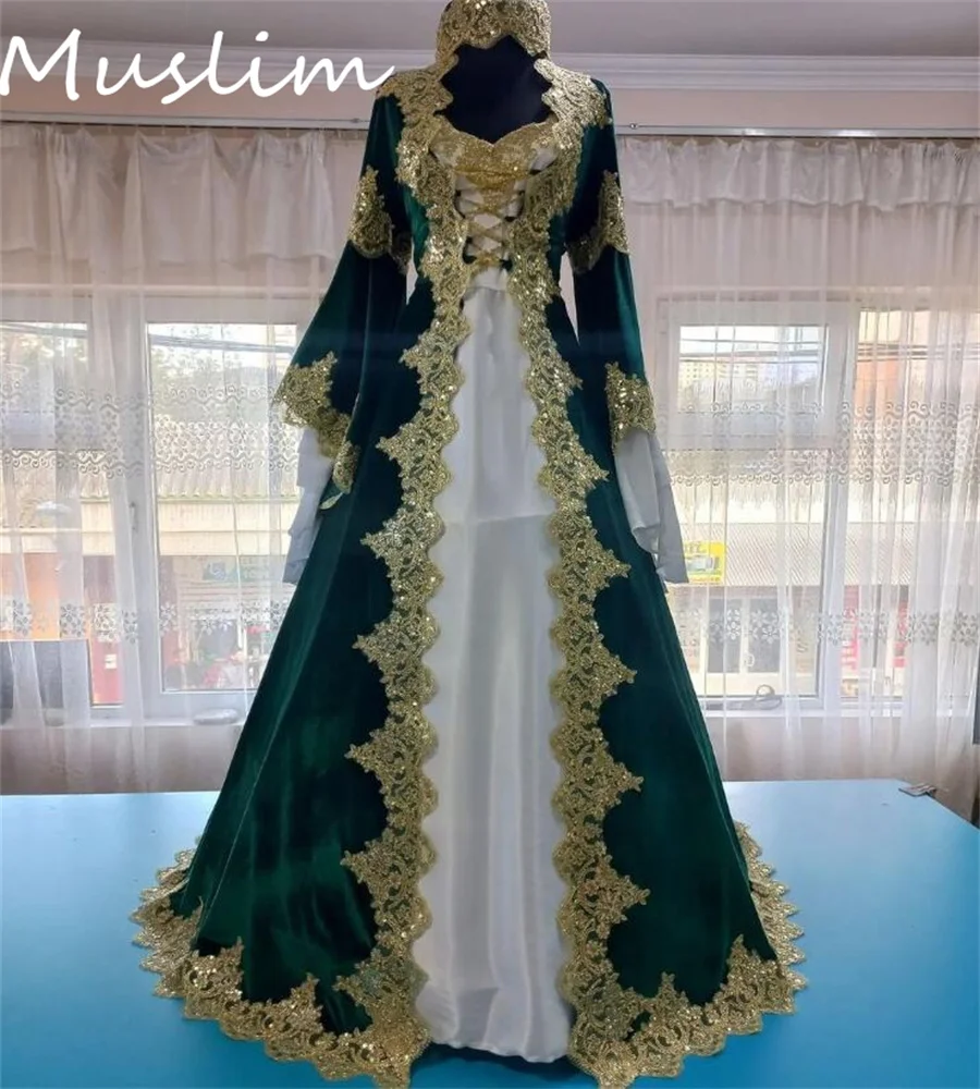 Muslimah Abaya Green Evening Dress Turkish Prom Dress Long Sleeve Nation Formal Dubai Moroccan Kosovo Vestio De Novia Customized