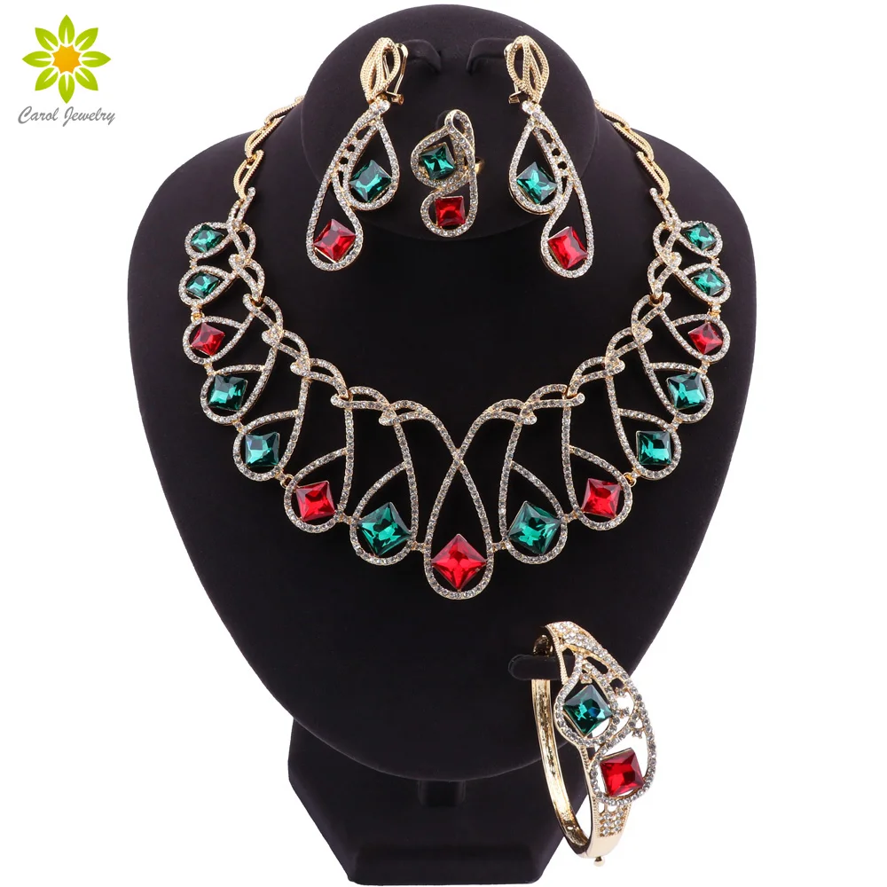 Nigeria Fashion Jewelry Sets Red Green Crystal Necklace Bracelet Party Charm Women Earrings Ring Jewelry Accessories