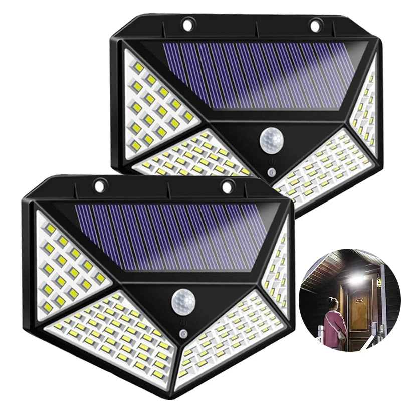 Impermeável LED Solar Light com Sensor de Movimento, Outdoor Floodlight, Lâmpada de parede para Pátio, Garagem, Quintal, Jardim, 3 Modos, 100