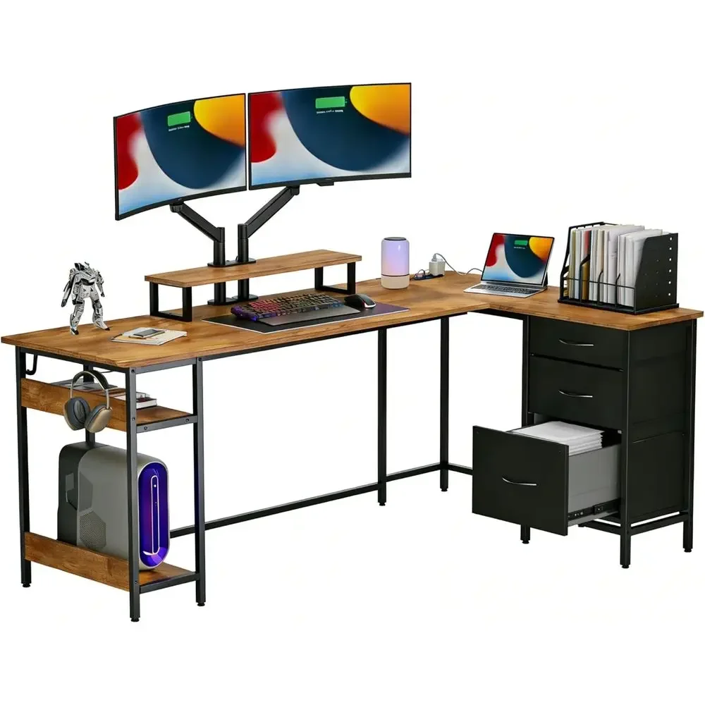 

66 White L-Shaped Desk with Drawers, Power Outlets, Monitor Stand, LED Lighting for Home Office & Gaming