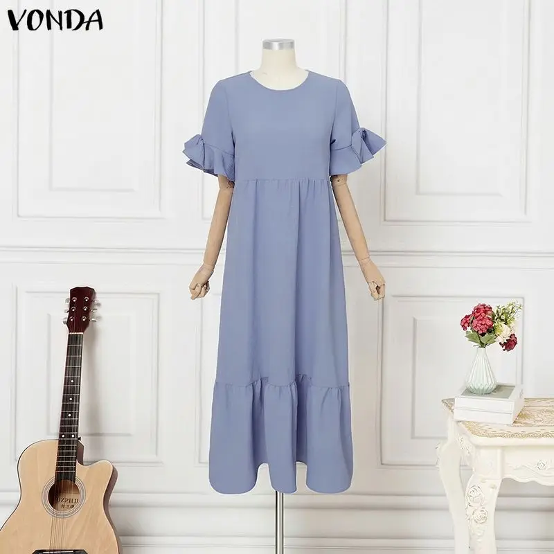 Elegante VONDA Damen Plus Size Kleider Einfarbiges Langes Maxikleid Sommer A-Linie Vestidos Rüschenärmel Sommerkleid OL Streetwear
