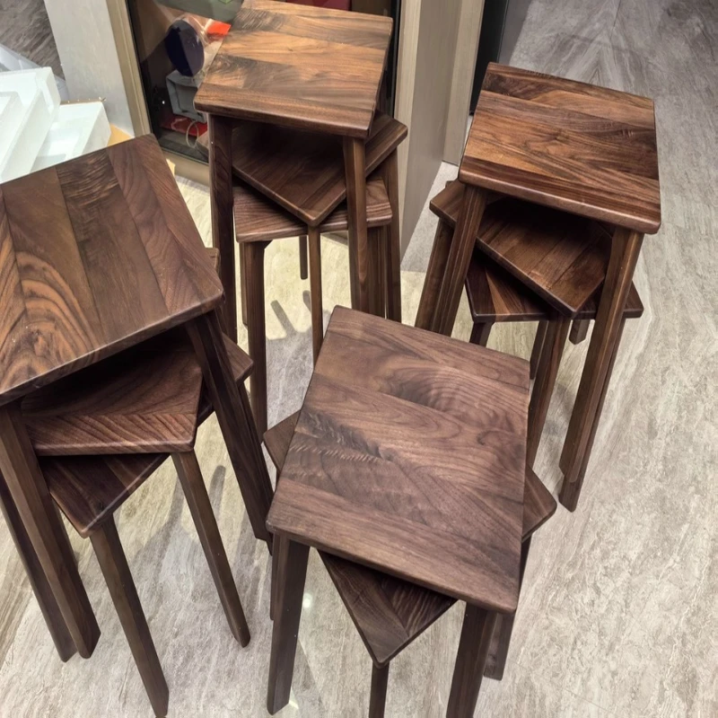 Black Walnut Wood Dining Stools Stackable Square Dining Bench Multi-functional Kitchen Stool Living Room Compact Makeup Seat