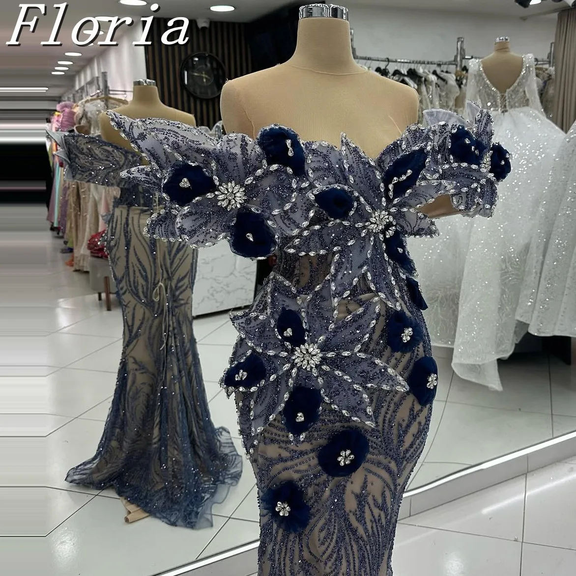 Classic 3D Handmade Multi-layered Flowers Mermaid Evening Dresses Navy Blue Contrast Crystals Long Prom Party Gowns Customized