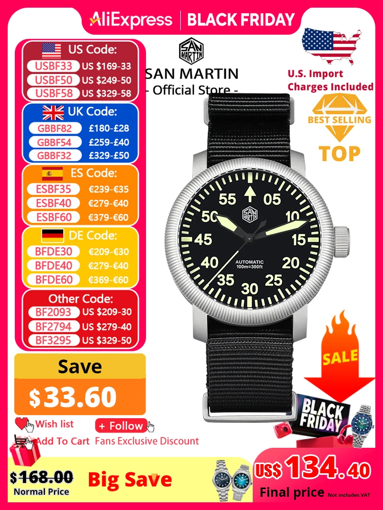 

San Martin Новые 40 мм Ретро Пилот YN55 Автоматические Механические Модные Простые Стильные Мужские Наручные Часы 100 м Водонепроницаемые C3 Светящиеся SN0143