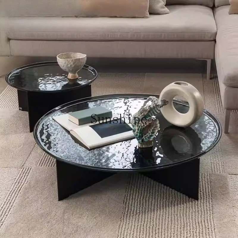 

Italian minimalist water corrugated glass combination coffee table living room household round coffee table