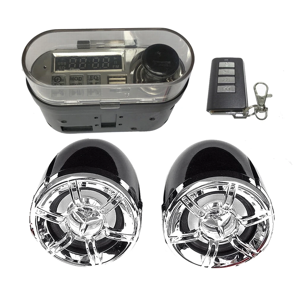 12V Motorbike Two Speaker Handlebar Radio Waterproof Motorcycle Audio System with Mic USB Charger Remote Control for Outdoor