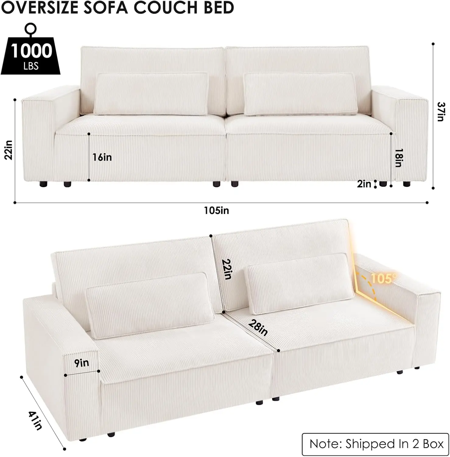 105In Modern Living Room White Sofa Couch with Extra Deep Love Seat & Fluffy Cushion & 2 Pillow, Comfy Corduroy Cloud Couches