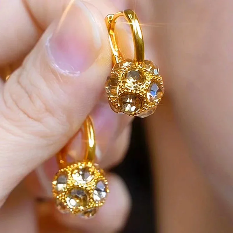 

2024 New Brown Zircon Spherical Gold Color Earrings for Women Fashion Light Luxurious Elegant Temperament Ladies Party Jewelry