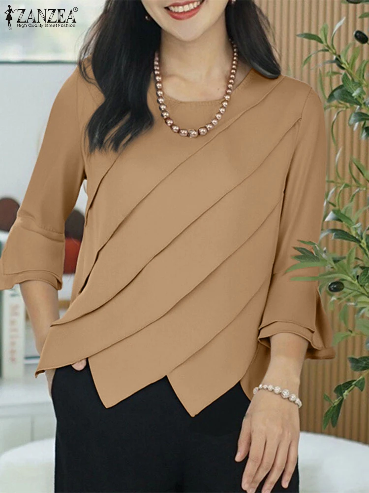 

ZANZEA Stylish Tops Women Summer Asymmetrical Blouse 2025 Fashion 3/4 Flare Sleeve Solid Color Pleated Shirt Casual Blusas Tunic