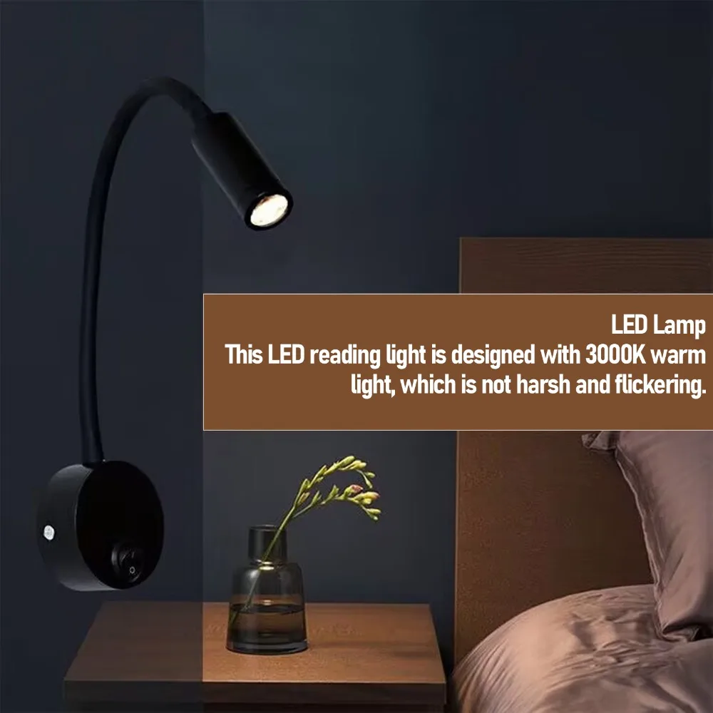 Eye-Caring Gooseneck Reading Light 3W 3000K Warm White Reading Lamp Hardwired 360 Degree Adjustable Wall Lamp Bedroom
