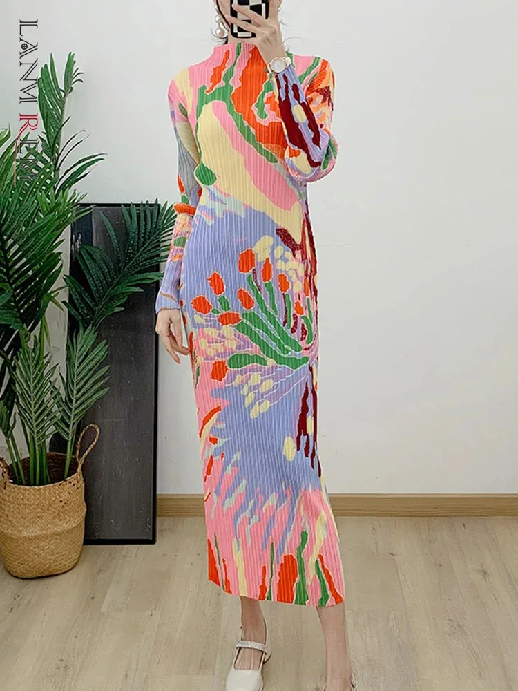 LANMREM Pleated Print Dress For Women Stand Collar Long Sleeves Slim Style Female Elegant Clothing 2024 Spring New 2DA4141